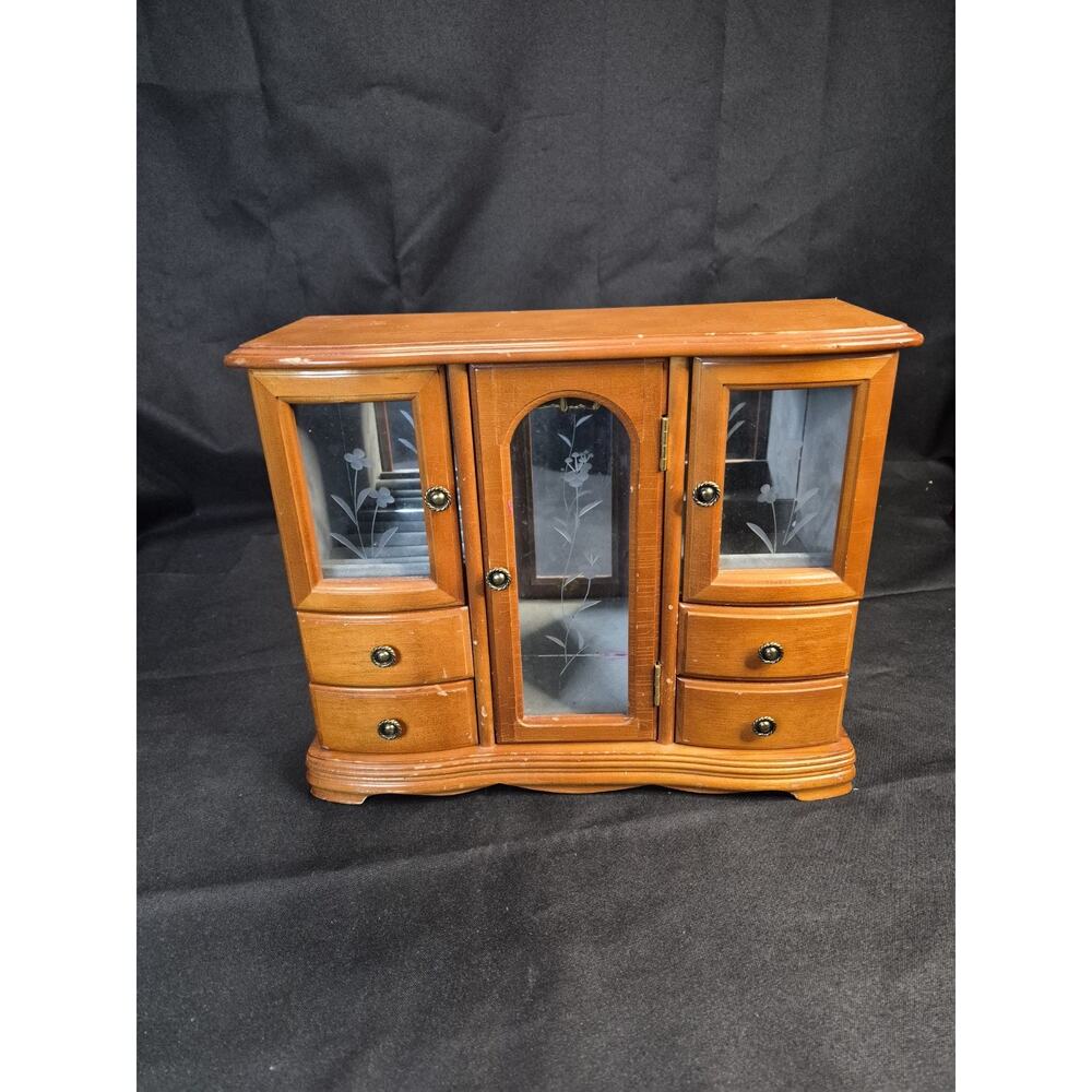 Vintage Jewelry Armoire Organizer Etched Glass Floral Wood Chest Velvet Mirrored